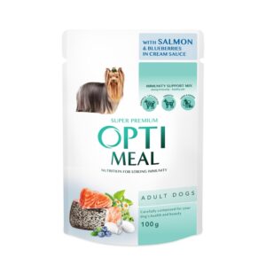 OPTIMEAL - Сomplete сanned pet food for adult dogs with salmon and blueberry in cream sauce 100g
