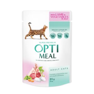 OPTIMEAL - Сomplete сanned pet food for adult cats with lamb and veggies in jelly 85g