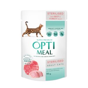 OPTIMEAL -   Сomplete сanned pet food for sterilised cats with beef and turkey fillet in jelly 85g