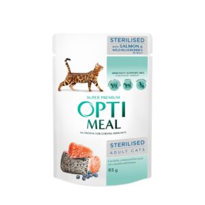OPTIMEAL - Complete canned pet food for sterilised cats with salmon and wild blueberries in jelly 85g